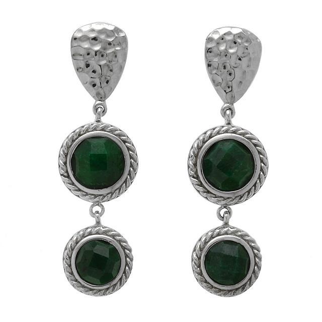 Silver Emerald Corundum Hammered Drop Earrings (1 of 1)