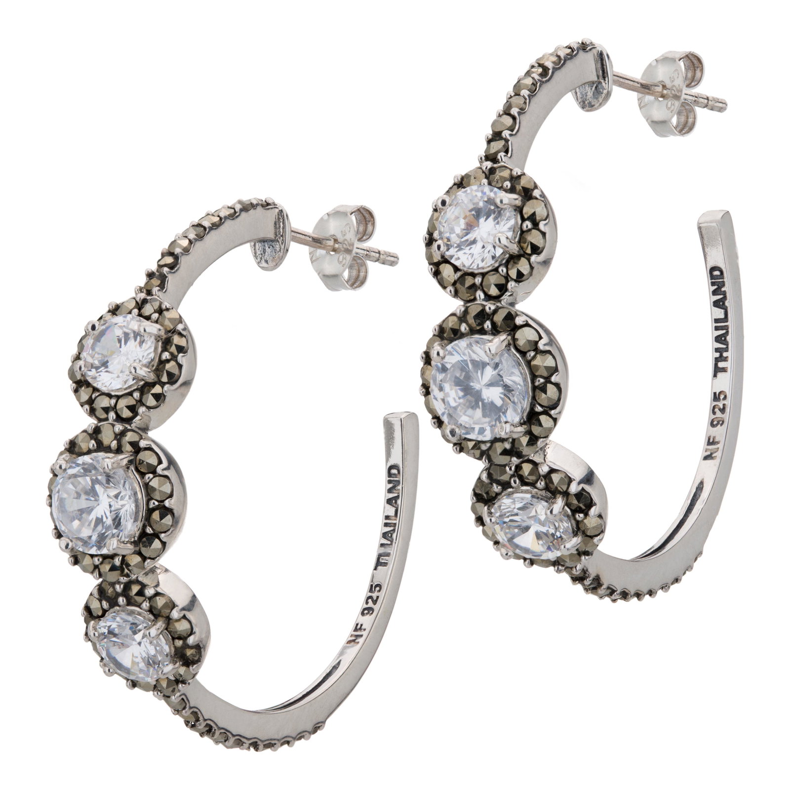 Sterling Silver Marcasite Hoop Earrings: From the Addison Lane Seraphina Collection comes these lovely, feminine earrings. Graceful lines are beautiful crafted in oxidized sterling silver with a striking black rhodium finish and a trio of cl