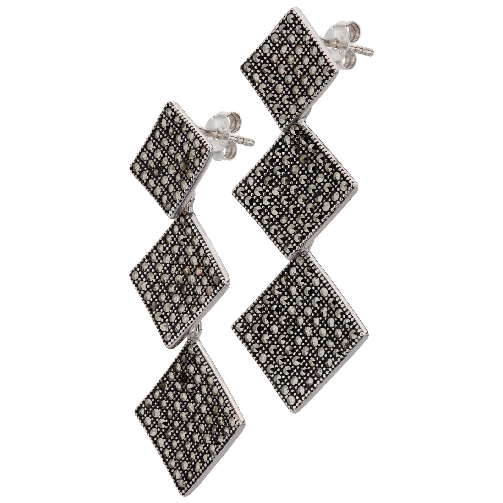 Sterling Silver Marcasite Squared Drop Earrings: Add a smart, contemporary look to your collection with this striking geometric design from the Addison Lane Zenith Collection. Beautifully crafted in oxidized sterling silver, the clean structural con