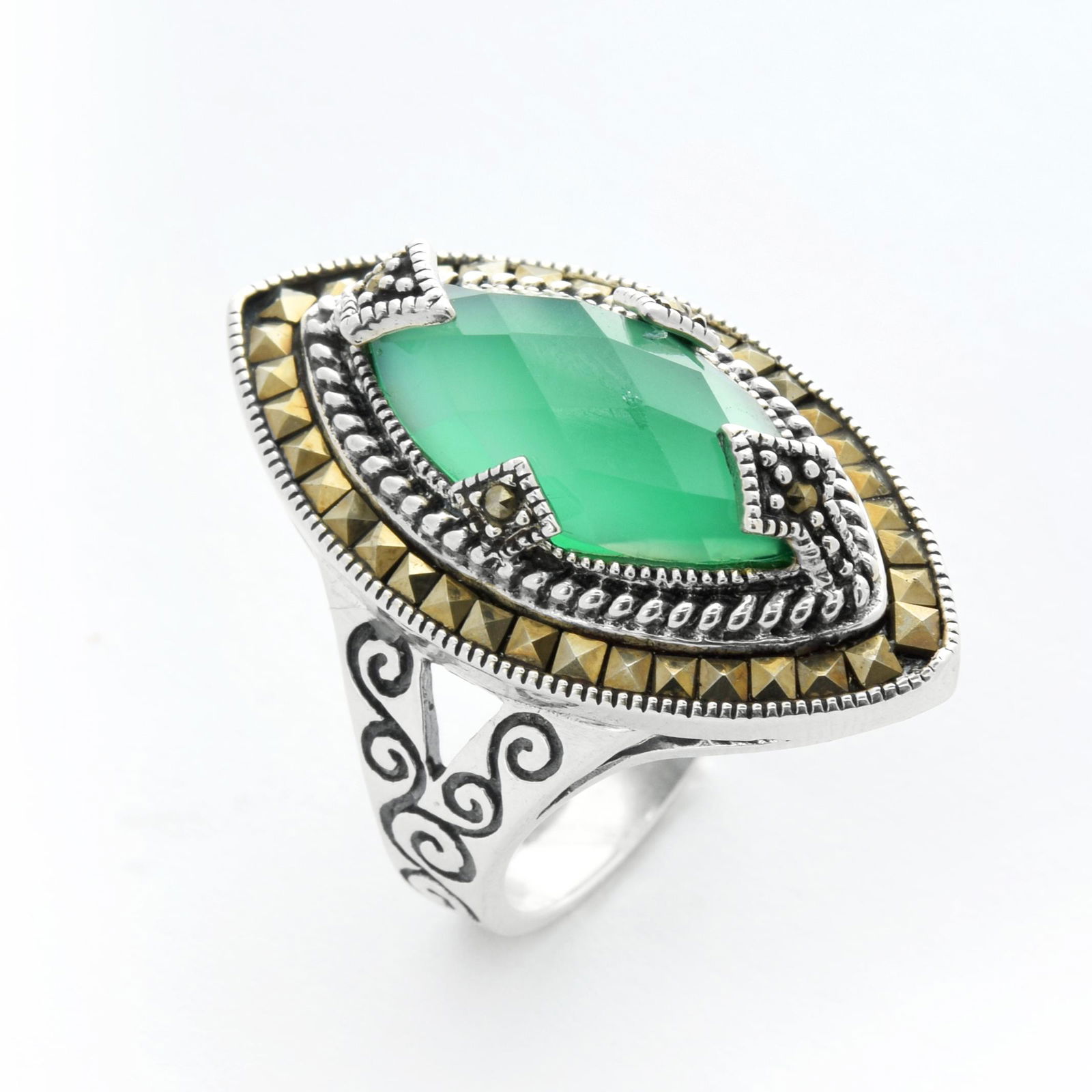 Sterling Silver Green Agate & Marcasite Ring-SZ 5 (1 of 1)