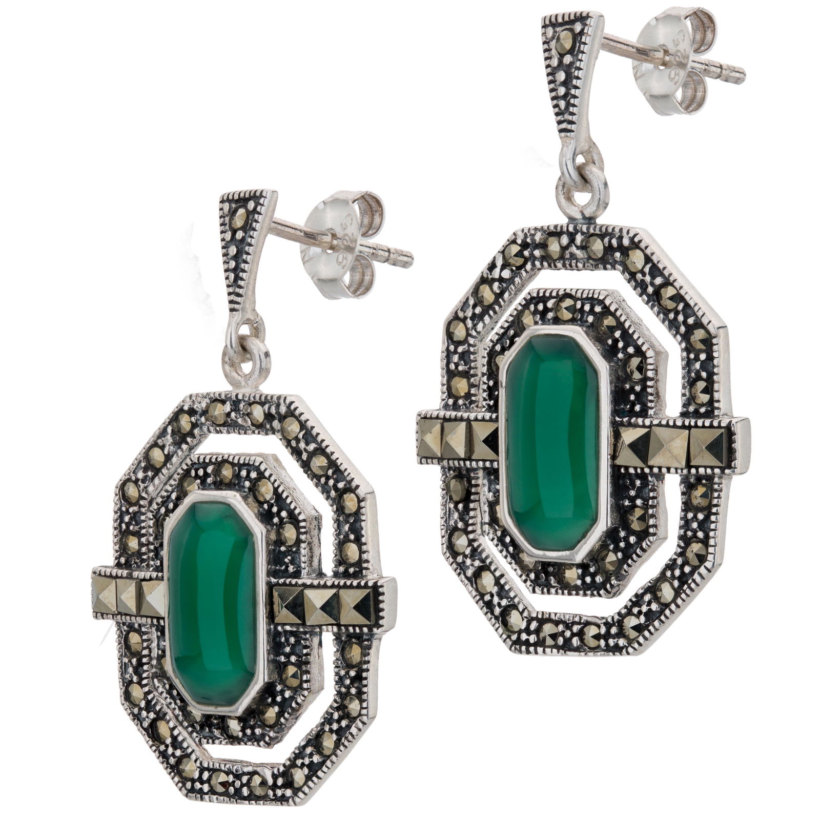 Sterling Silver Marcasite & Agate Drop Earrings (1 of 2)