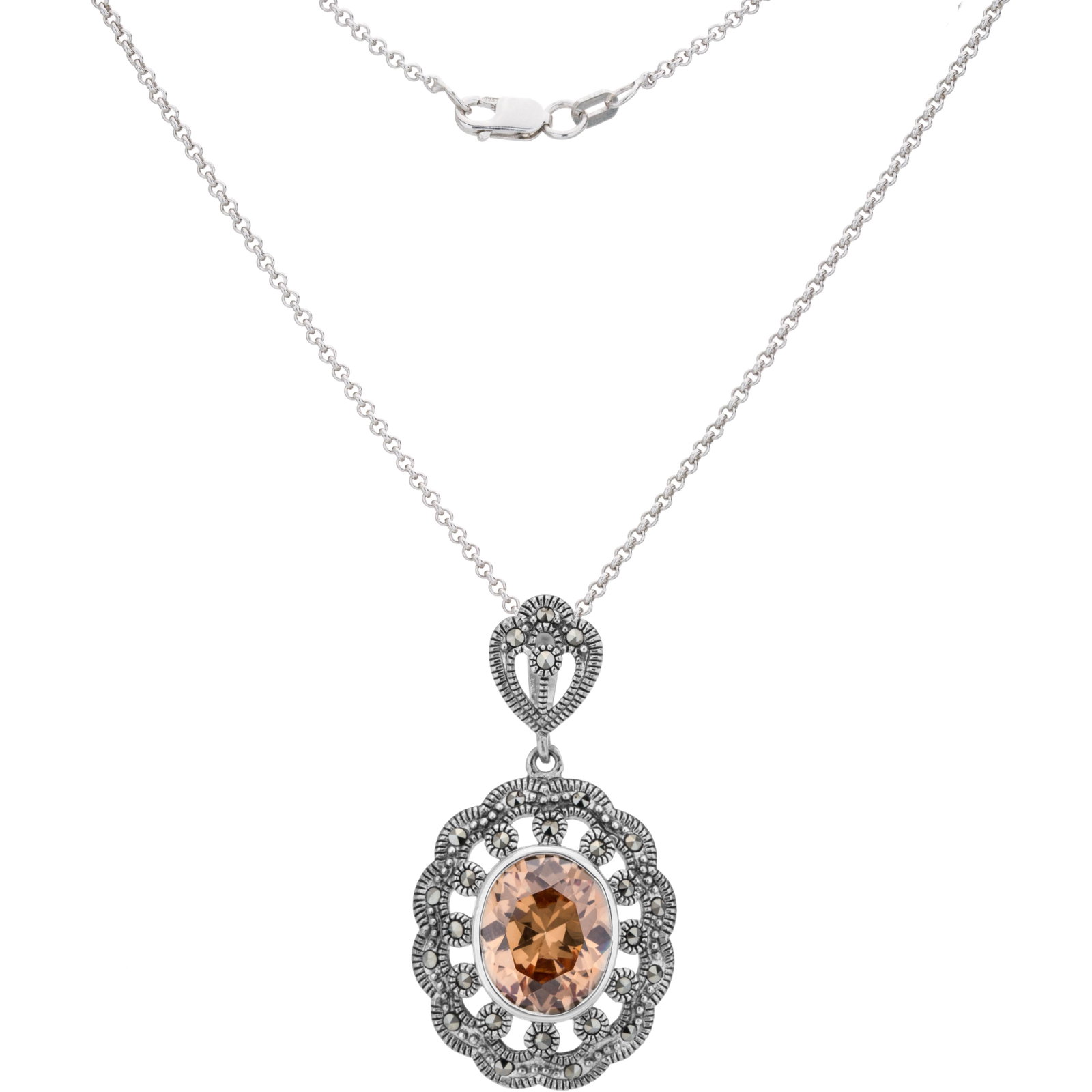 Sterling Silver Marcasite & CZ Pendant: Sophisticated refinement is yours with this vintage-inspired pendant necklace from the Addison Lane Felicity Collection. Beautifully crafted with a centered oval cut cubic zirconia surrounded by spark