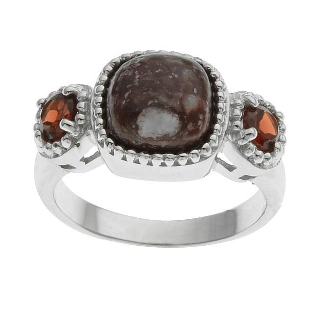 Silver Wild Horse & Garnet 3-Stone Ring-SZ 9: • Genuine wild horse & mozambique garnet • 0.66cwt garnet • Cushion cabochon with beaded halo & gemstones on the side