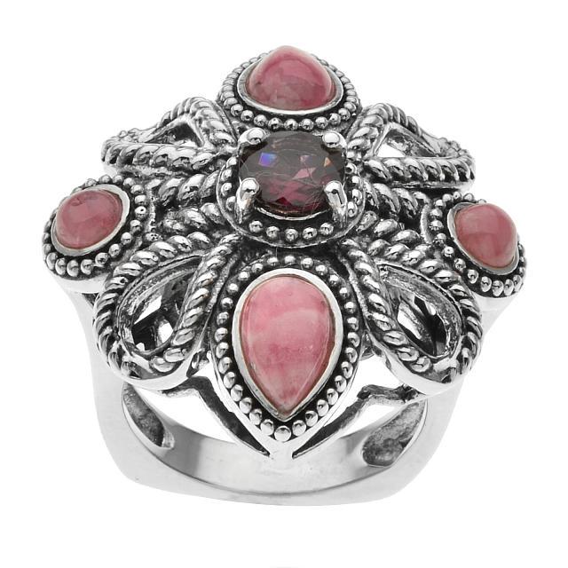 Silver Rhodochrosite & Garnet Rope Ring-SZ 5: • Genuine rhodochrosite & rhodolite garnet • 0.57ct garnet • An ornate floral inspired setting with rope textured loops and an undergallery • Gleaming rhod