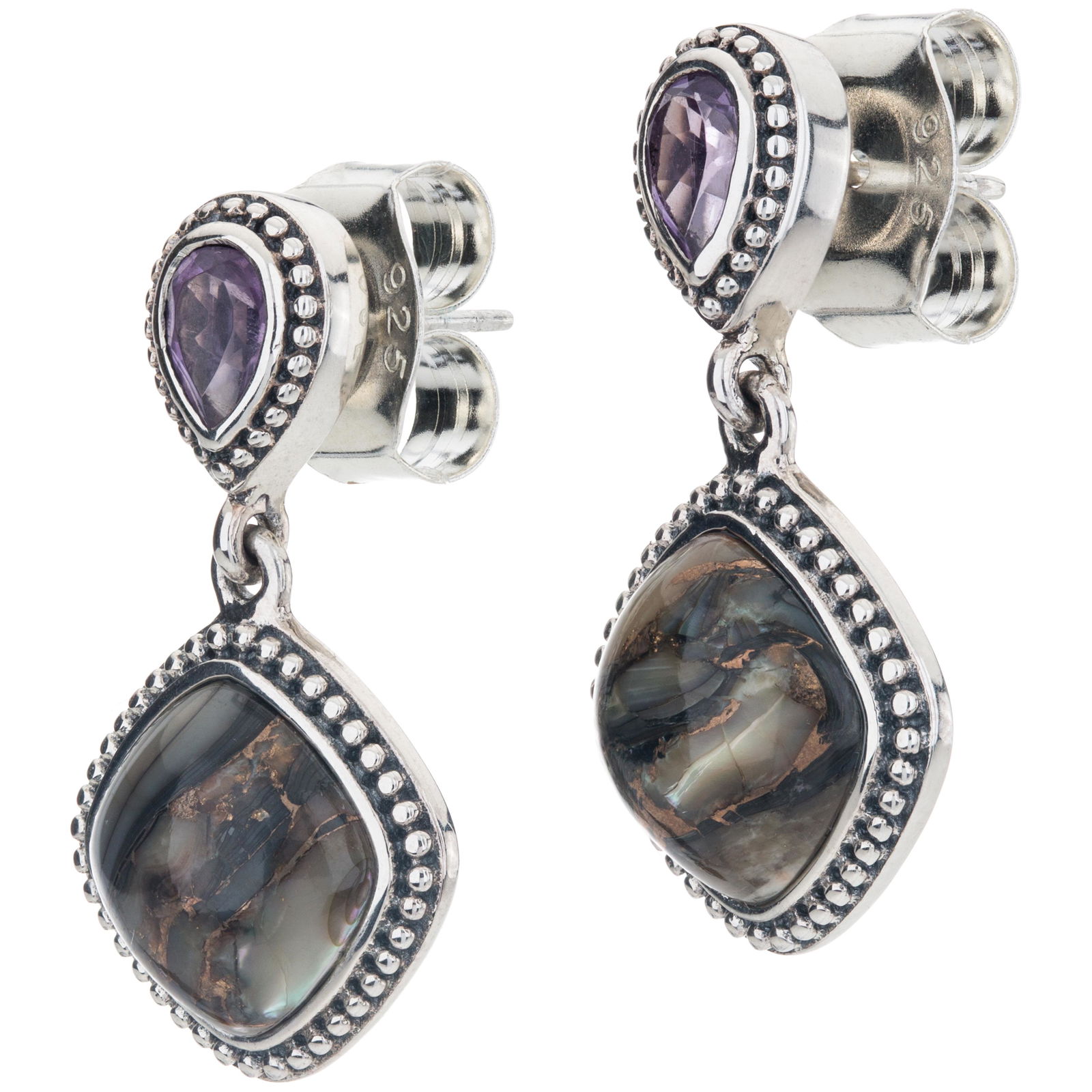 Silver Bronze Abalone & Amethyst Drop Earrings (1 of 3)