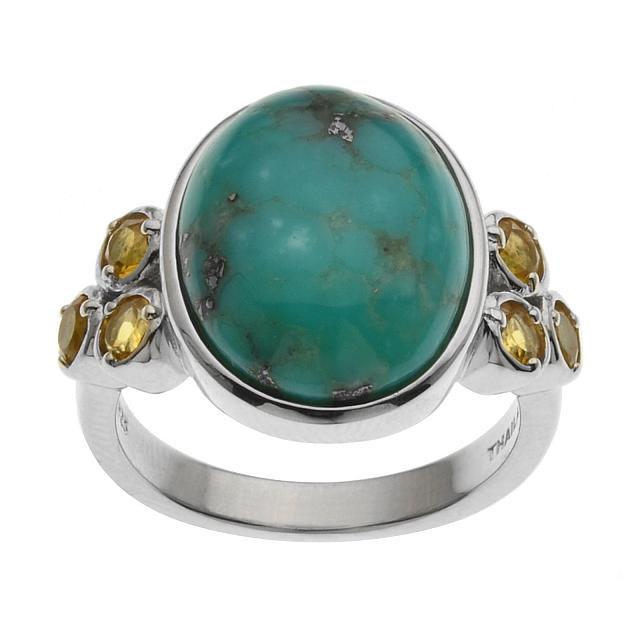 Silver Campo Frio Turquoise & Citrine Ring-SZ 7: • Genuine campo frio turquoise & citrine • 0.51ct citrine • One oval 16x12mm cabochon on the center and gemstones on each sides • Gleaming rhodium over fine sterling silver