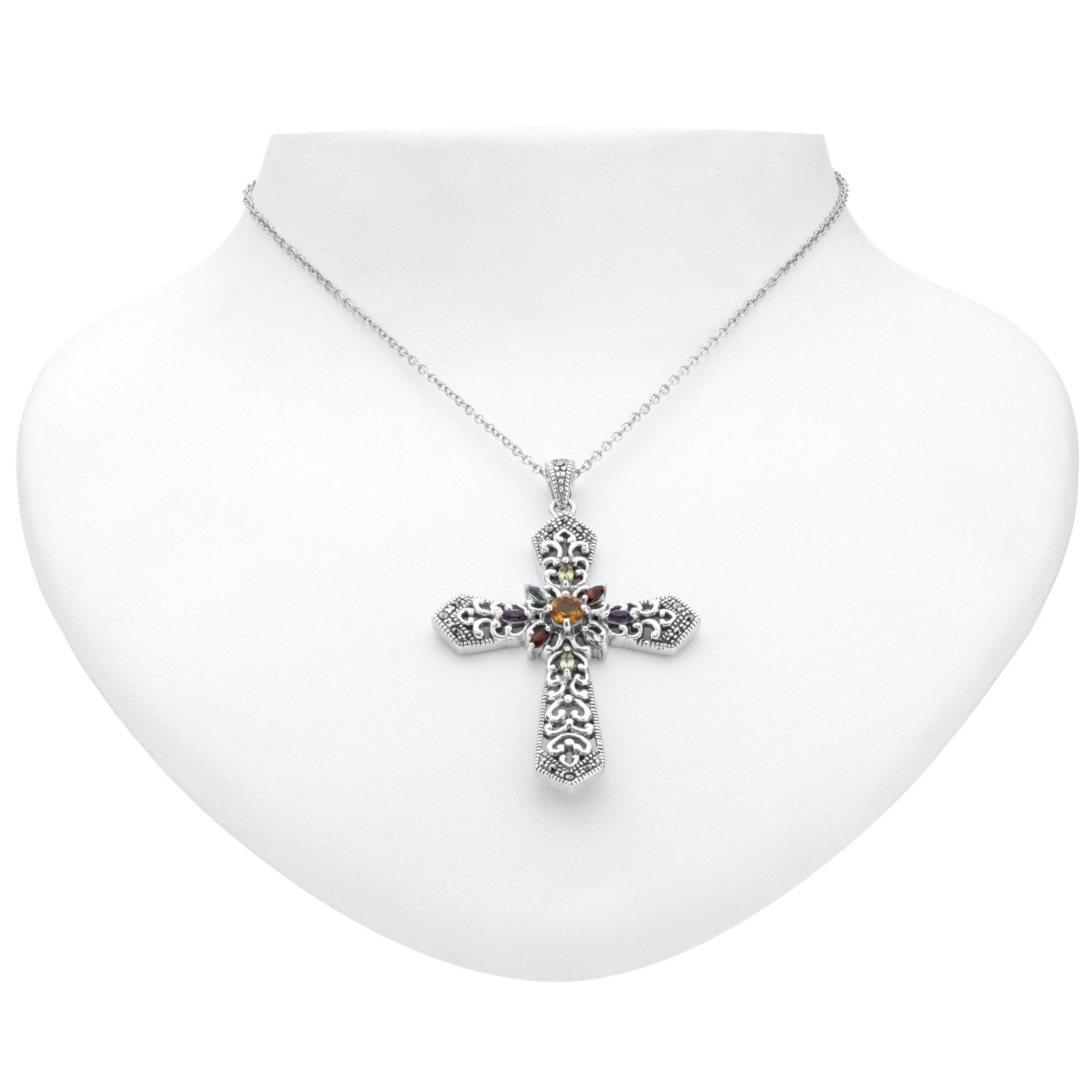 Silver Multi Gemstone & Marcasite Cross Pendant: Make a statement of faith with this impressive Passion Cross from the Addison Lane Felicity Collection. Beautifully crafted in oxidized sterling silver and adorned with genuine peridot, garnet, blue t