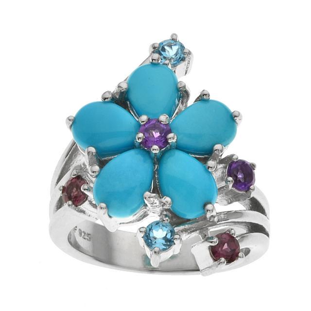 Silver Turquoise & Multi Gemstone Flower Ring-SZ 7 (1 of 1)