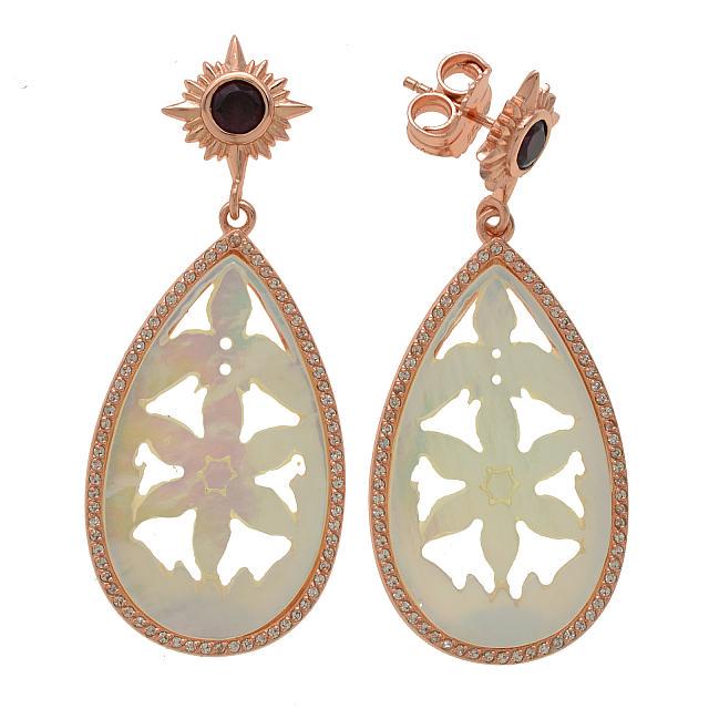 14K Rose Gold Vermeil White MOP Carved Earrings: • Genuine carved white Mother of pearl, white zircon and garnet • Starburst design on the post • Measurement: 56mm L x 23mm W • Comfortable butterfly clasp • 14K rose gol