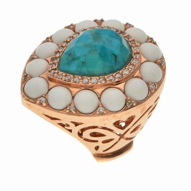 Silver Turquoise North-South Halo Ring-SZ 9: • Genuine turquoise, white agate and zircon • Charoite: One pear shaped checkerboard cut 16 x 12mm • Measurement: 1-1/4"L x 1"W x 1/2"H • White Agate: 13 round 5mm cabochons/ Z