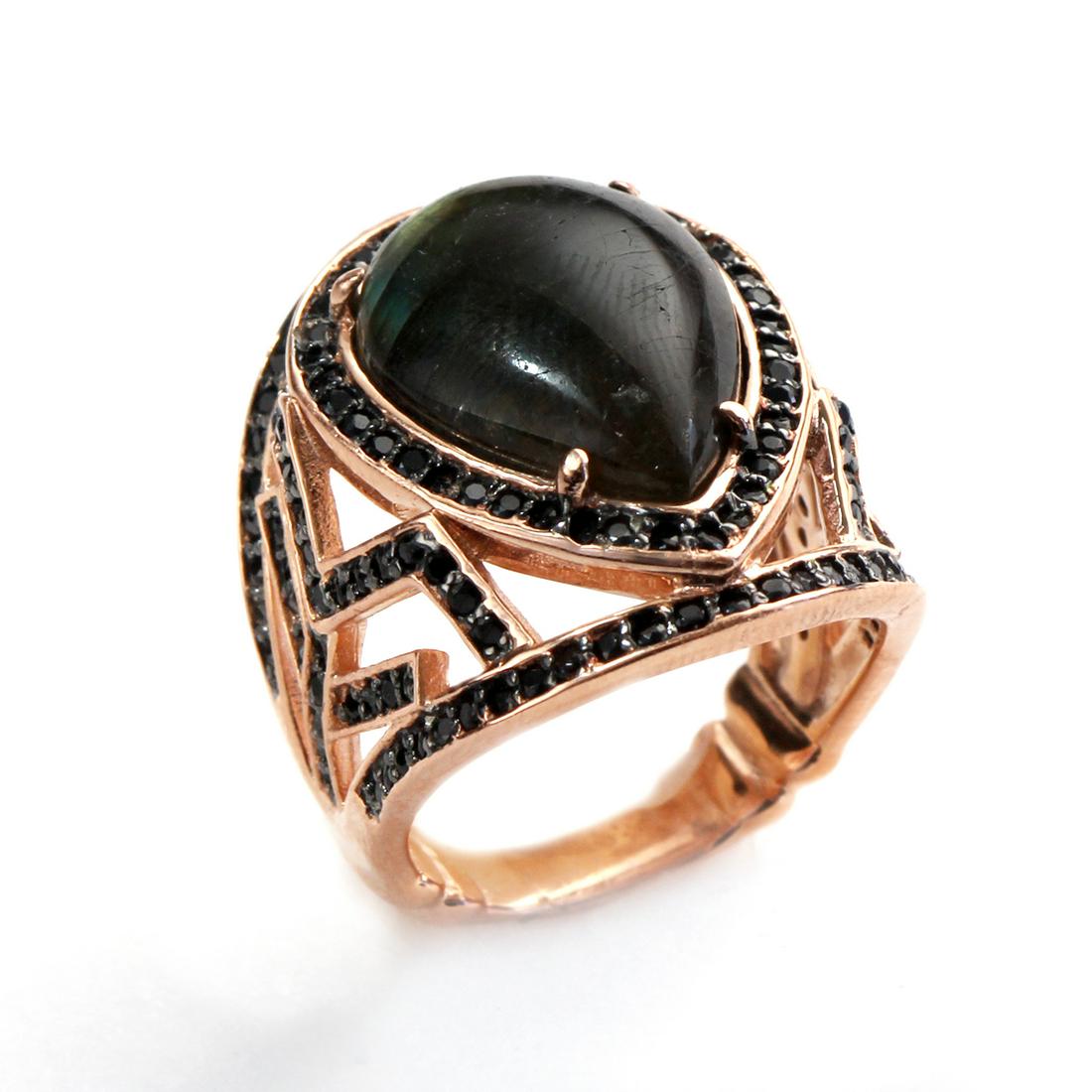 14K Rose gold Vermeil Labradorite Zigzag Ring-SZ 9: • Genuine labradorite & black spinel • A pear shaped cabcohons at the center with black spinel halo around the edges and the shank • Beautiful undergallery • 14K rose gold verm