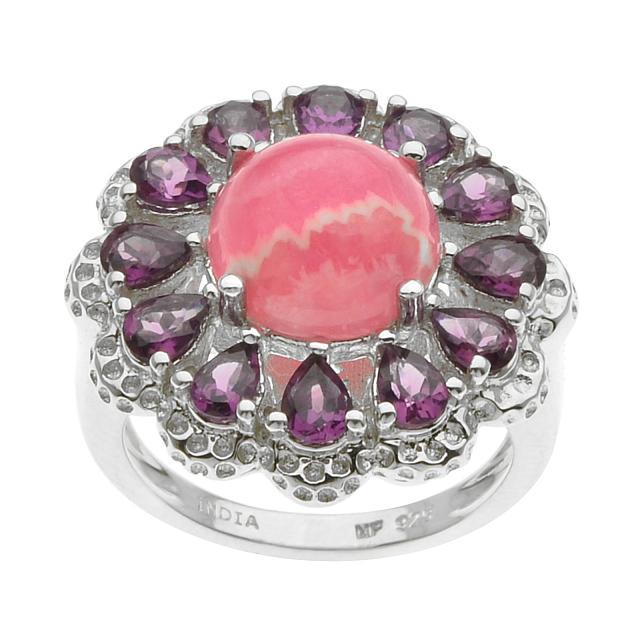 Silver 2.04ct Garnet & Rhodochrosite Ring-SZ 10: • Genuine rhodochrosite & rhodolite garnet • 2.04ct garnet • Floral inspired design with sparking gemstones halo around the cabochon • Gleaming rhodium over fine sterling silve