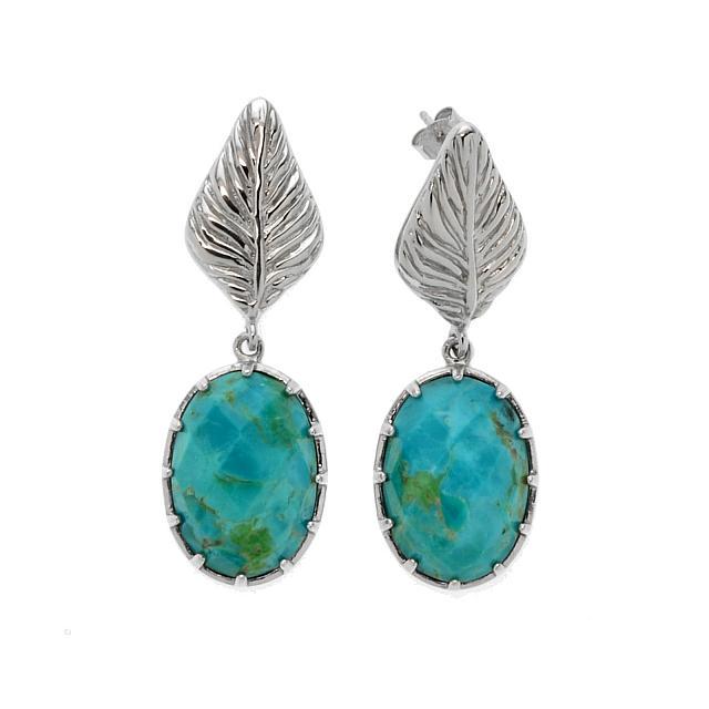 Sterling Silver Turquoise Leaf Drop Earrings: • Genuine turquoise • Faceted cut stone with a textured leaf shape on the the post • Secured butterfly backs • Gleaming rhodium over fine sterling silver