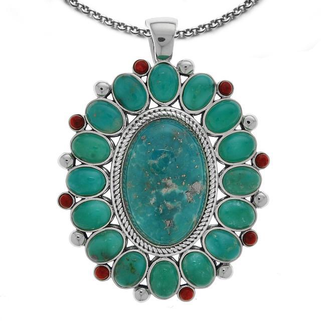 Silver Campo Frio Turquoise & Coral Pendant: • Genuine Campo Frio Turquoise & Red Coral • Floral inspired design with beaded accents • Southwestern style • 18” silver chain • Gleaming rhodium over fine sterlin