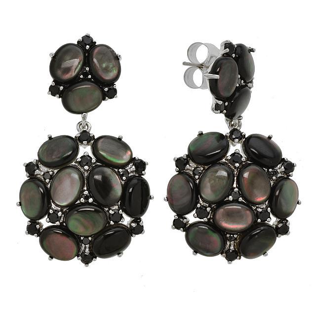 Sterling Silver MOP & Black Spinel Drop Earrings: • Genuine Black MOP & Black Spinel • 3.11cwt Black Spinel • Comfortable butterfly clasp • Gleaming rhodium over fine sterling silver