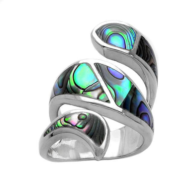 Silver Abalone Elongated Swirl Inlay Ring-SZ 8: • Genuine Abalone • Inlay settings • Swirl Design • Fine Sterling Silver