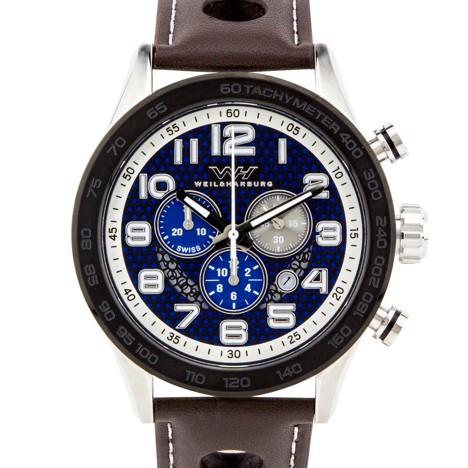 Weil & Harburg Karkin Mens Chronograph Watch: Multi colored, multi textured dial, open date window, lumonesent haands and markers 13mm x 49mm x x200mm Stainless steel, pull-down, pull-down 10ATM Leather strap, stainless steel buckle, 24mm x 200mm