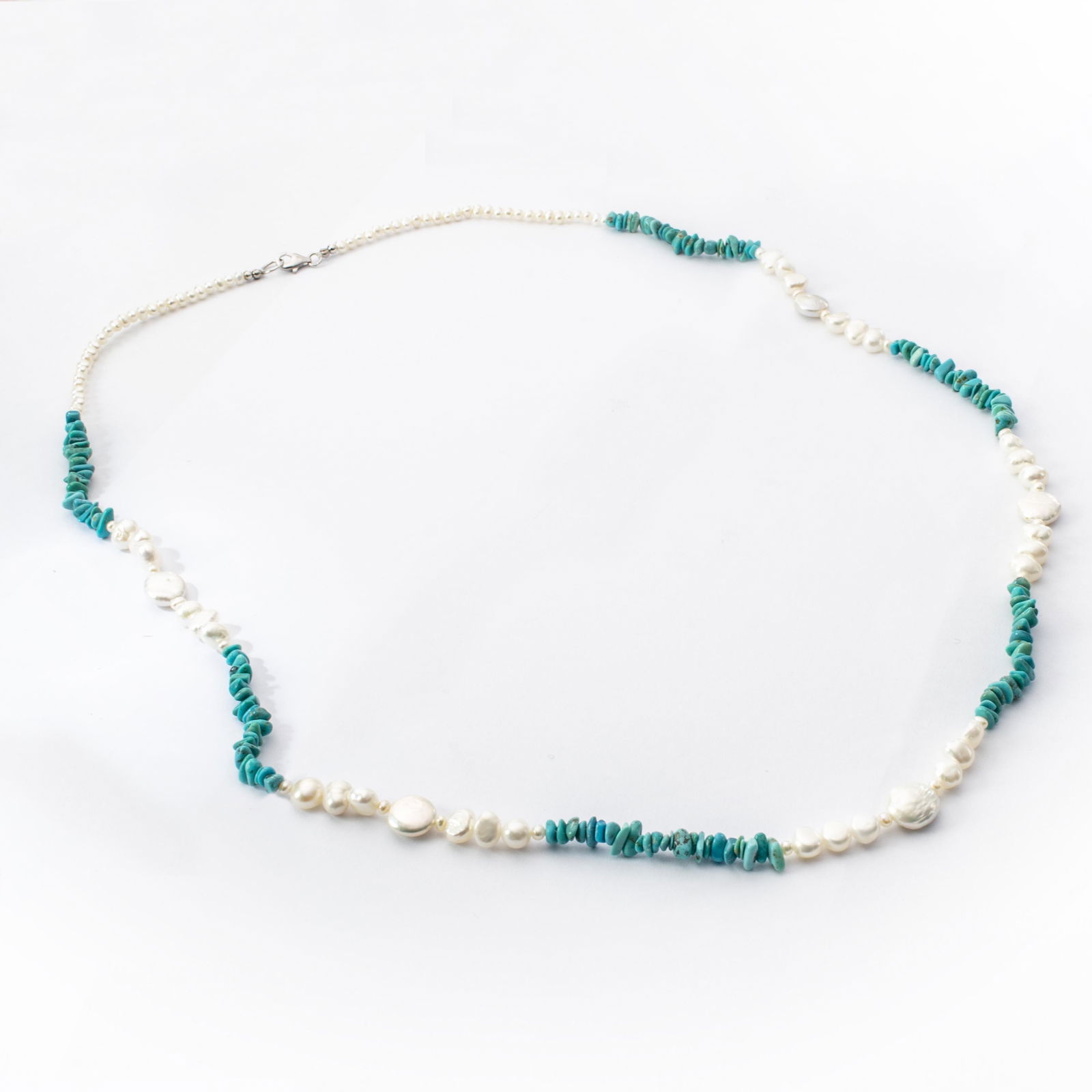 Silver Pearls & Turquoise Chips Bead Necklace 32" (1 of 3)