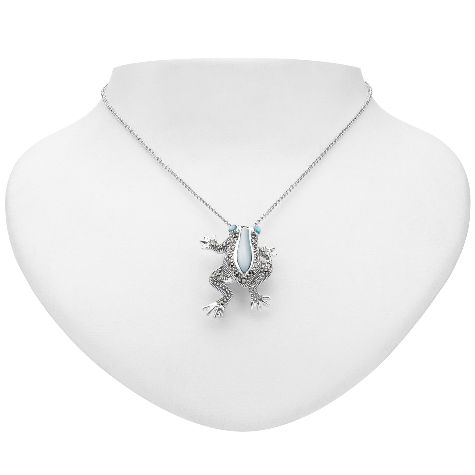 Sterling Silver  Blue MOP & Marcasite Frog Pendant (1 of 2)