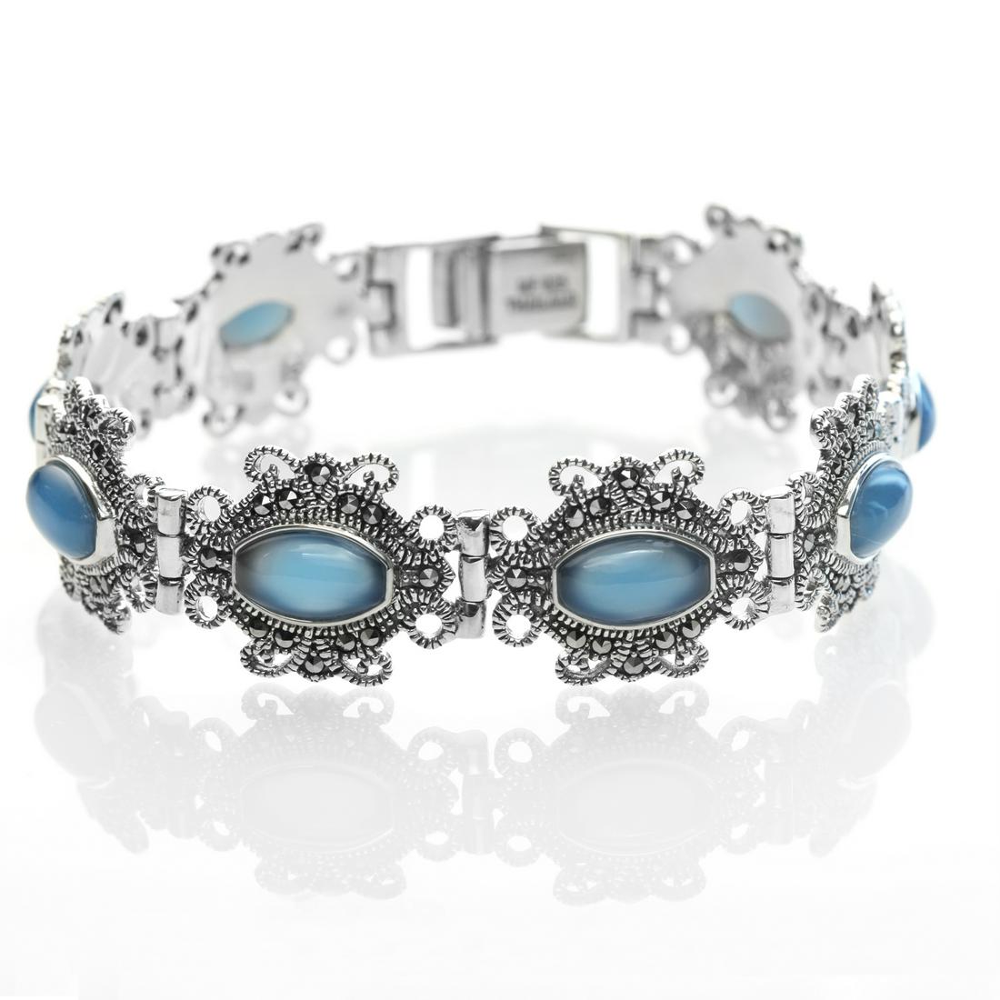 Silver Blue Agate & Marcasite Line Bracelet 7.5" (1 of 1)