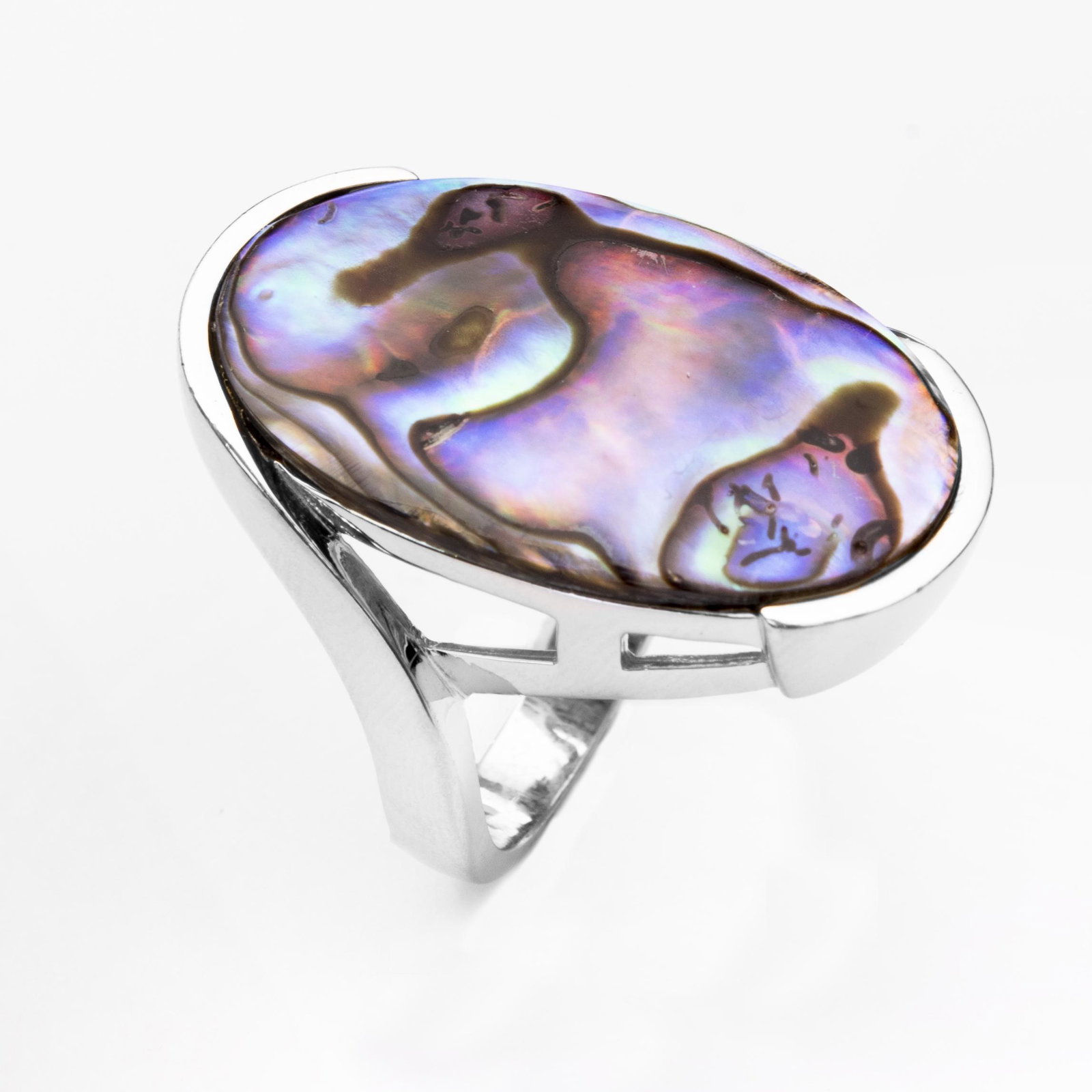 Sterling Silver Oval Abalone Curved Shank Ring-SZ8: • Genuine abalone • One oval 28 x 18mm multi color abalone cabochon • Measurement: 1-3/16"L x 3/4"W x 3/16"H • Gleaming rhodium over fine sterling silver