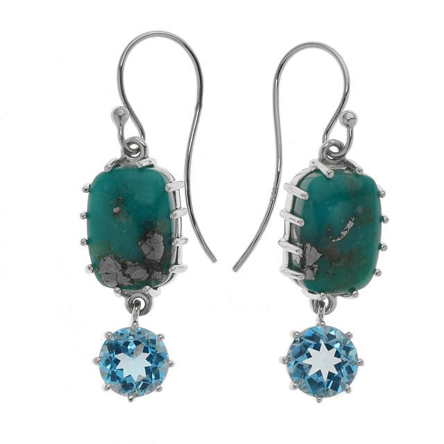 Silver 3.42ct Blue Topaz & Turquoise Drop Earrings: Heavenly color—that’s the earrings from the Pangea Mines Treasured Gems Collection. Exquisite genuine Campo Frio turquoise and Swiss blue topaz gemstones adorn beautifully crafted rhodium 