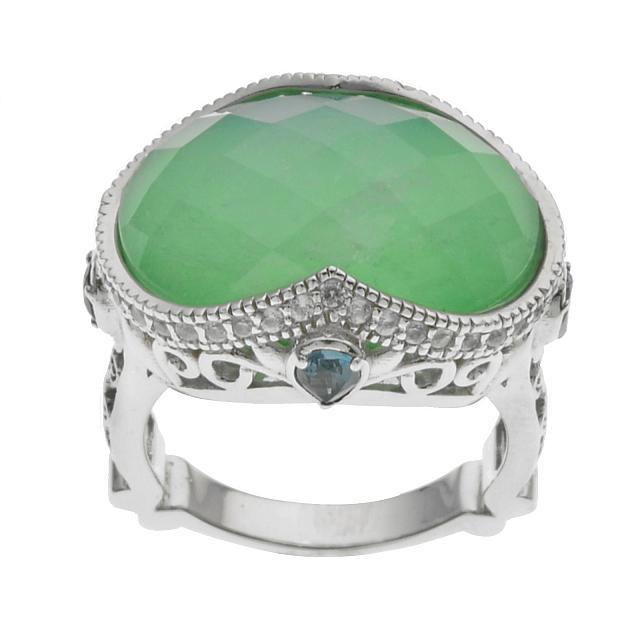 Silver Chrysoprase & Moonstone Doublet Ring-SZ 6: • Genuine london Blue topaz, rainbow moonstone & chrysoprase doublet • 1.01cwt gemstones • Doublet with ornate scrollwork with an undergallery • Gleaming rhodium over fine ster