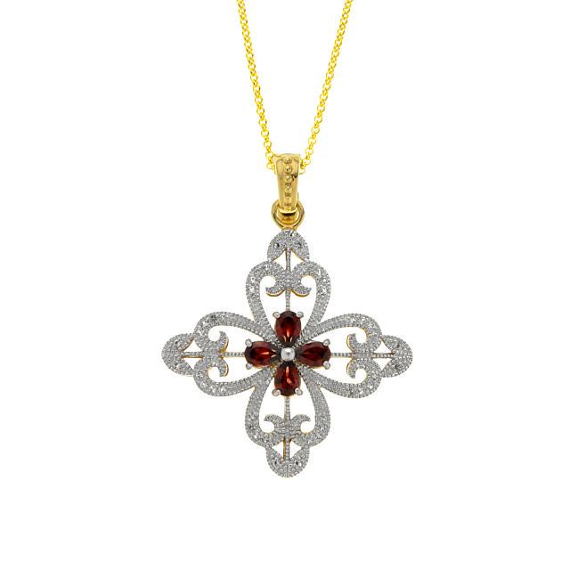 14K Gold Vermeil Garnet Cross Pendant: • Genuine mozambique garnet, white zircon & white topaz • 1.88ct garnet, 0.20ct white zircon & 0.40ct white topaz • Reversible stones set in cross design • 18 inch chain •