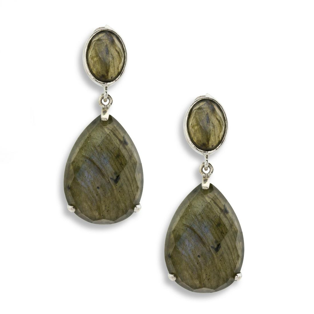 Sterling Silver Labradorite Drop Earrings: • Genuine labradorite • Faceted cut cabochons dangling drop style • Comfortable butterfly clasp • Gleaming rhodium over fine sterling silver