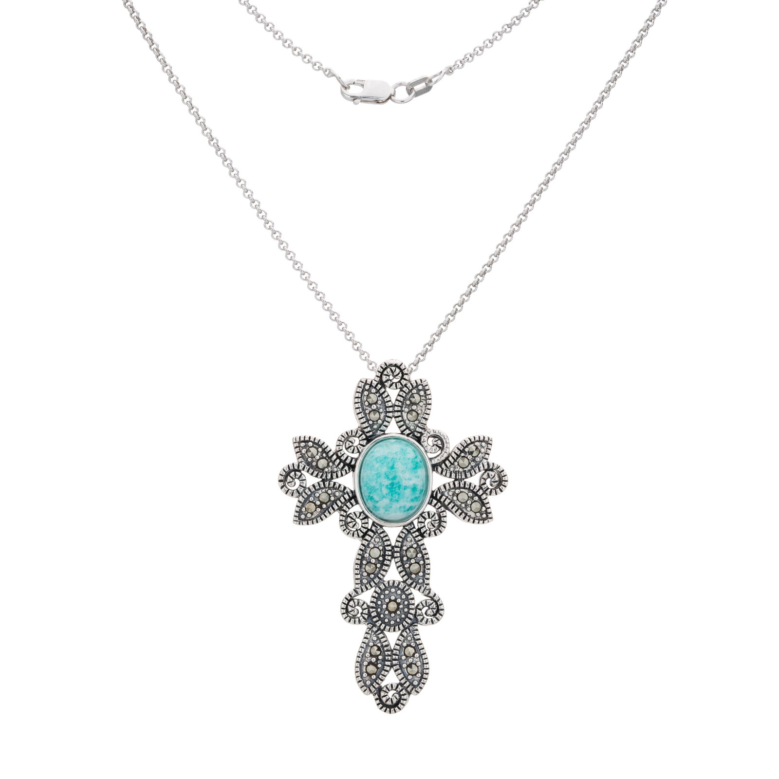Silver Amazonite and Marcasite Cross Pendant: Affirm your faith with this impressive Trefoil cross from Addison Lane’s Weekend collection. Beautifully crafted in oxidized sterling silver and adorned with genuine amazonite and marcasite, thi