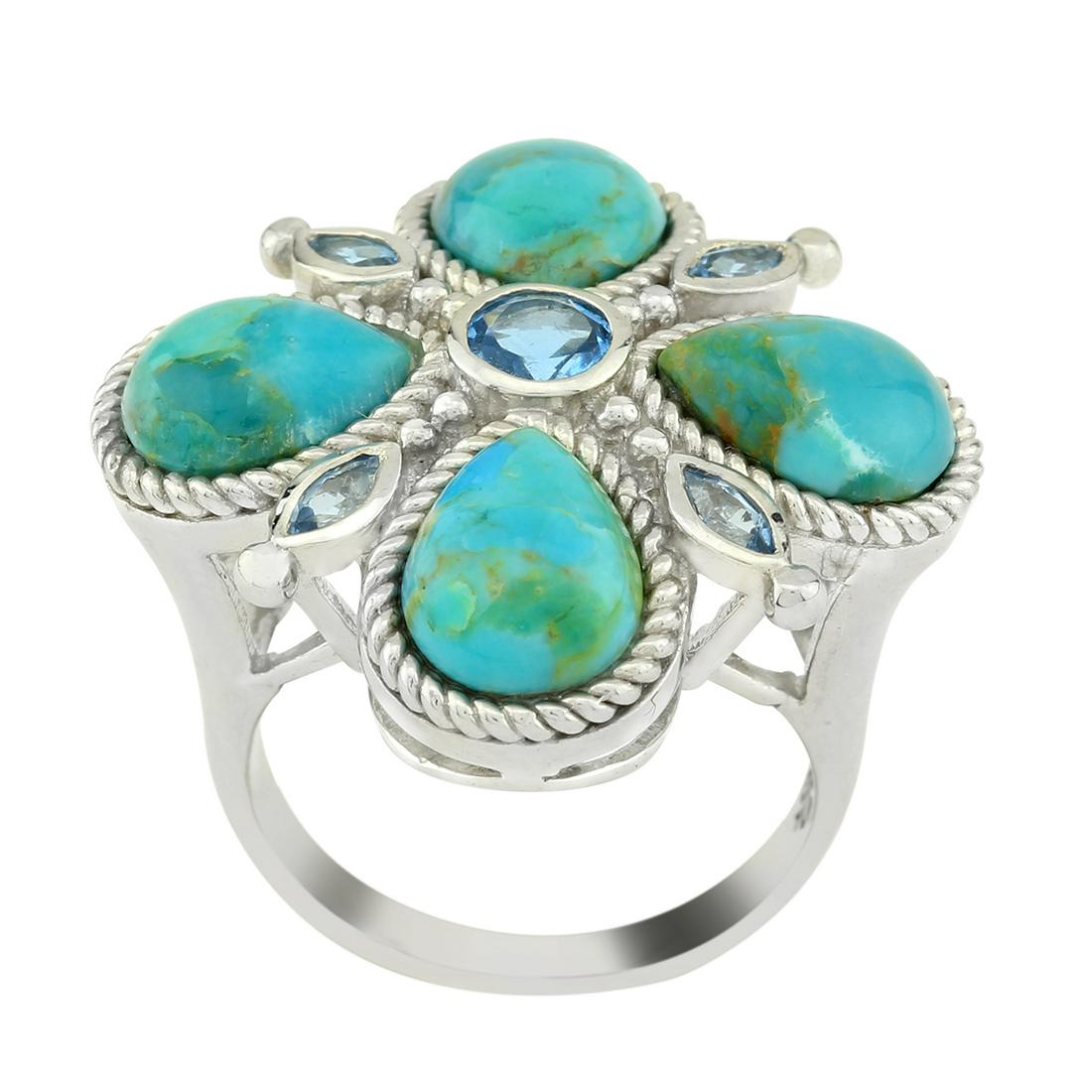 Sterling Silver Tuquoise & Topaz Clover Ring-SZ 8: • Genuine turquoise & swiss blue topaz • 0.72cwt swiss blue topaz • Four leaf clover deisgn with rope texture • Gleaming rhodium over fine sterling silver