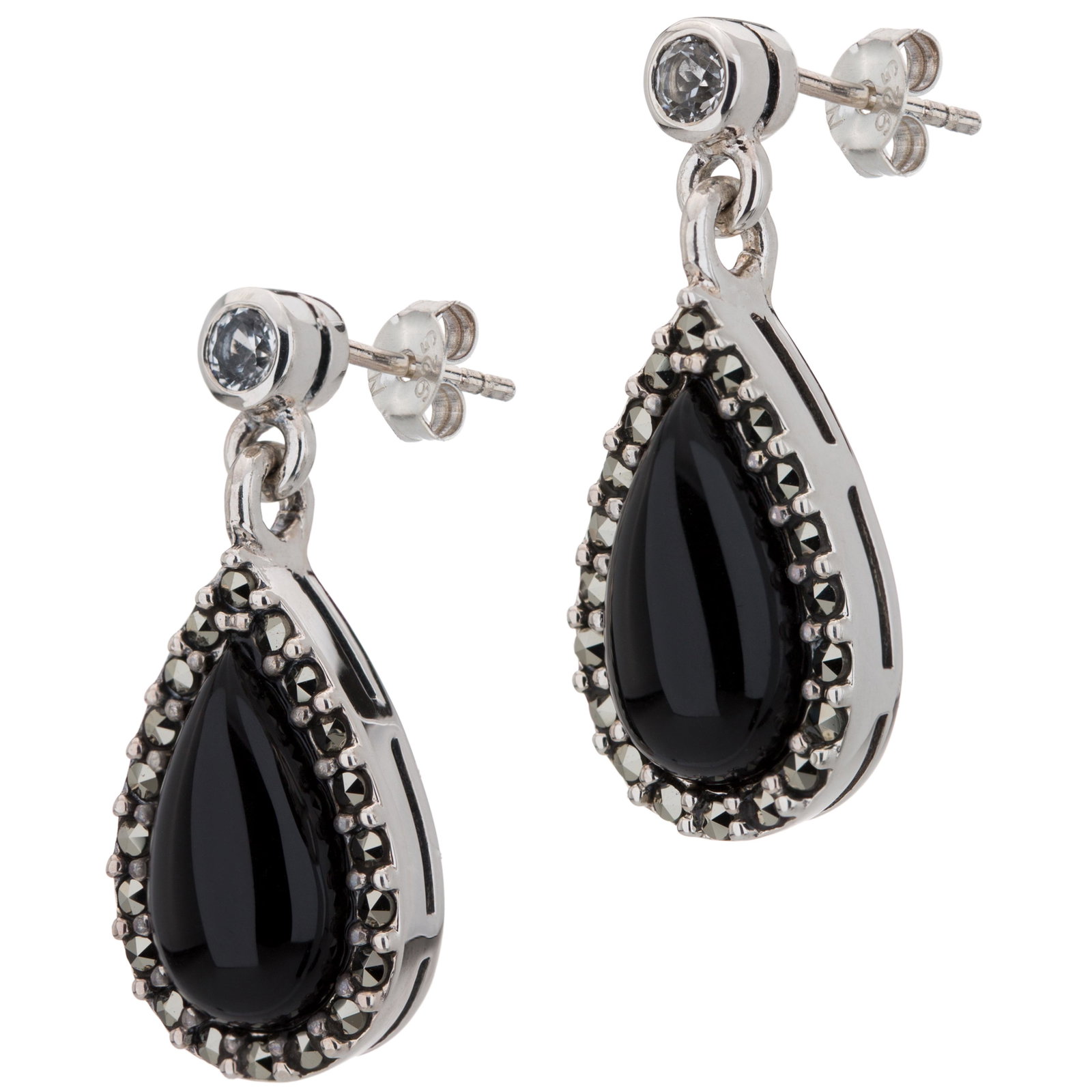 Sterling Silver Black Agate Drop Earrings: What a lovely casual look! Addison Lane’s smart drop design is beautifully crafted in oxidized sterling silver and adorned with genuine black agate, marcasite and white topaz gemstones. You̵