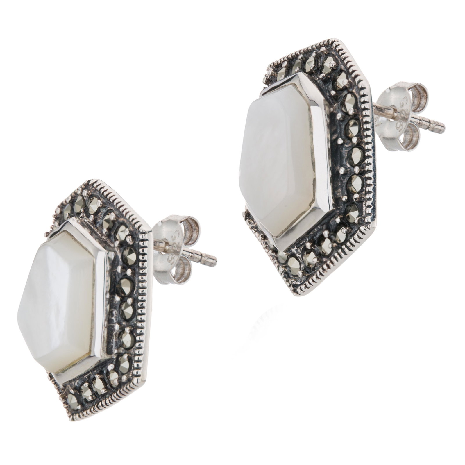 Silver MOP & Marcasite Hexagon Stud Earrings: A striking new design from Addison Lane’s Felicity Collection: inspired by timeless vintage looks, this lovely design is beautifully crafted in oxidized sterling silver and adorned with fascinat