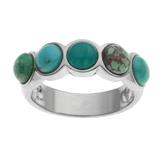 Silver Multi Turquoise 5-Stone Band Ring-SZ 6: • Genuine campo frio turquoise, campitos turquoise, mine#8 turquoise, kingman turquoise & evans turquoise • Five stone row across the top
