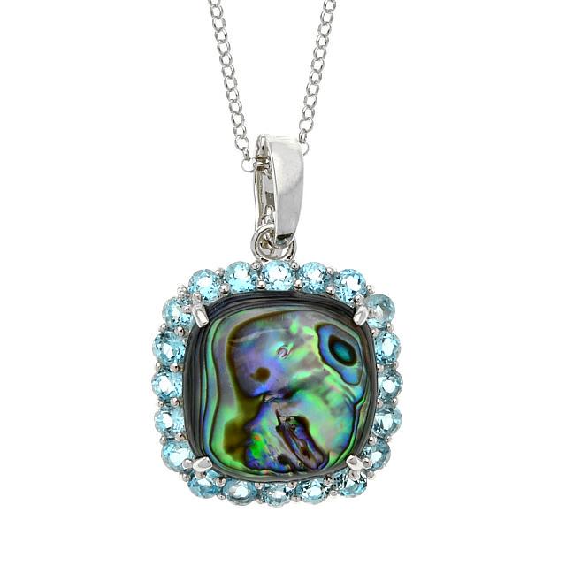 Silver 2.08ct Blue Topaz & Abalone Halo Pendant: • Genuine Swiss Blue Topaz & Abalone • 2.08ct Swiss Blue Topaz • Cushion cut opaque stone with halo of gemstones • 18” silver chain • Gleaming rhodium over fine ste