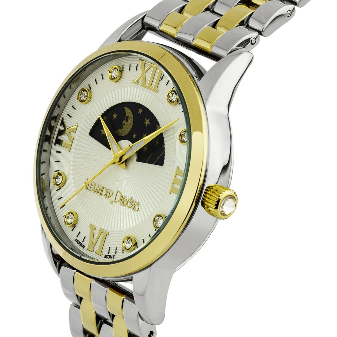 Alexander Dubois Luxury Moon Phase Ladies Watch: Ion Plated Metal Bracelet Stainless Steel Back Stainless Steel Fold Over Clasp Multi Textured Moon Phase Dial Stainless Steel Push/Pull Crown with Czech Crystal