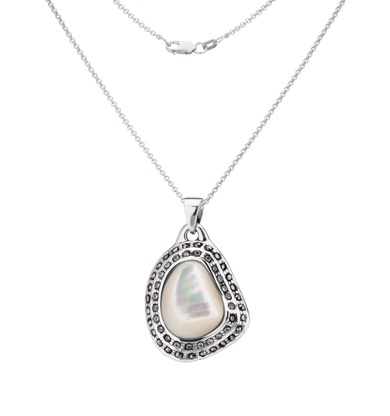 Sterling silver MOP & Marcasite Freeform Pendant: Redolent of South Seas breezes, island living and exotic locales comes the Bora Bora Collection from Addison Park. This beautiful freeform pendant necklace is crafted in oxidized sterling silver and a