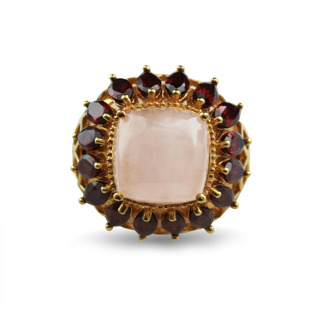 Gold over Silver Rose Quartz & Garnet Ring-SZ 8: • Genuine rose quartz & mozambique garnet • Setting: Prong • Measurement: 1-21mm L x 23mm W • 11x11mm cushion cut rose quartz cabochon & 6x3mm marquise cut garnet • Gold 