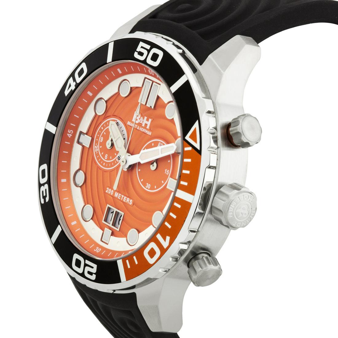 Brandt & Hoffman Men's Swiss Chronograph Watch: Silicone Bracelet Ronda 5020.B Stainless Steel case Luminesent Hands and Markers Multifunction Design Water resistant up to 200 meters Case diamiter 48mm Stainless steel Buckle Mineral Crystal A bold