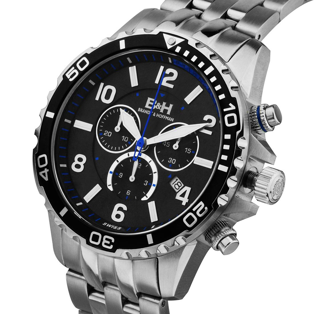 Brandt & Hoffman Men's chronograph, Swiss Made: Brandt & Hoffman Pythagoras Chronograph Mens Watch - Black Dial, IP Black Bracelet, IP Black Case chronograph Genuine Swiss Ronda 3050.D Movement Stainless Steel Case Stainless Steel Bracelet Divers F