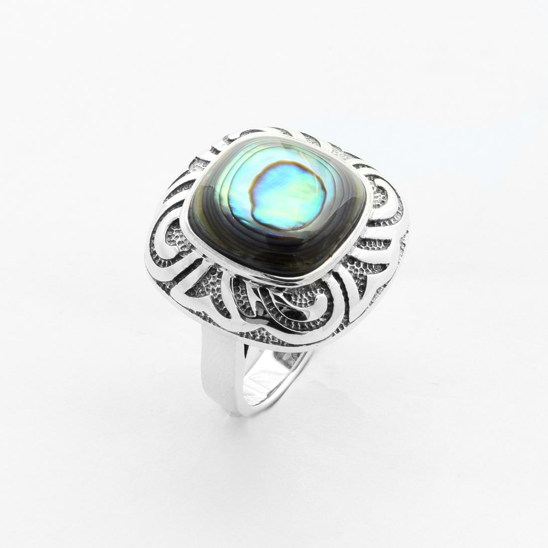 Sterling Silver 14mm Abalone Textured Ring-SZ 9: • Genuine abalone • One 14mm cushion shaped cabochon surrounded by swirling decorations • Gleaming rhodium over fine sterling silver • Measurements: 7/8"L x 7/8"W x 3/8"H