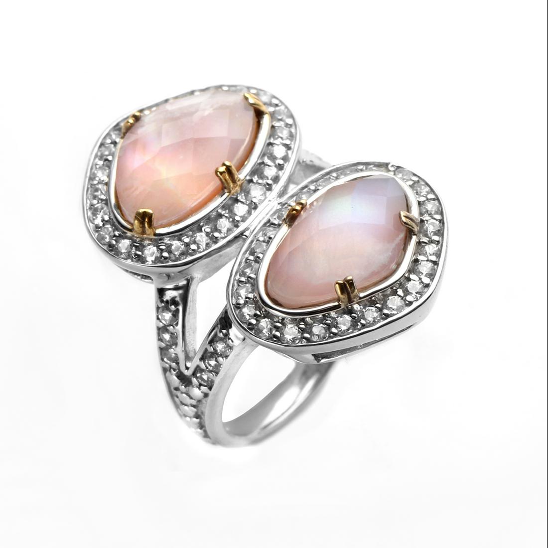 Silver Pink MOP & Moonstone Doublet Halo Ring-SZ10: As cheerful and refreshing as a spring morning, Pangea Mines ring from the Pretty in Pastels Collection brightens the day. Beautifully crafted in gleaming rhodium over sterling silver with 14k gold pl