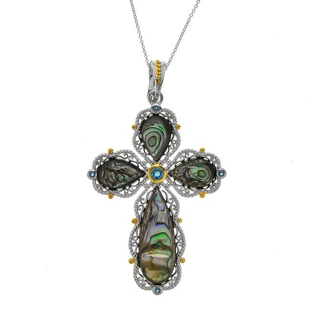 Sterling Silver Abalone & Topaz Cross Pendant: • Genuine abalone & london blue topaz • Stones arranged in a shape of a cross with filigree • 24” silver chain • Gleaming rhodium with gold accents over fine sterling sil