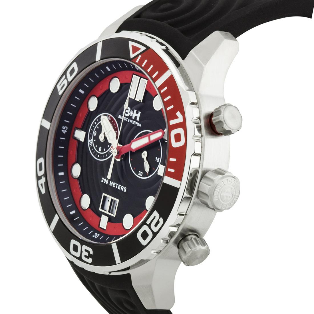 Brandt & Hoffman Men's Swiss Chronograph Watch: Silicone Bracelet Ronda 5020.B Stainless Steel case Luminesent Hands and Markers Multifunction Design Water resistant up to 200 meters Case diamiter 48mm Stainless steel Buckle Mineral Crystal A bold