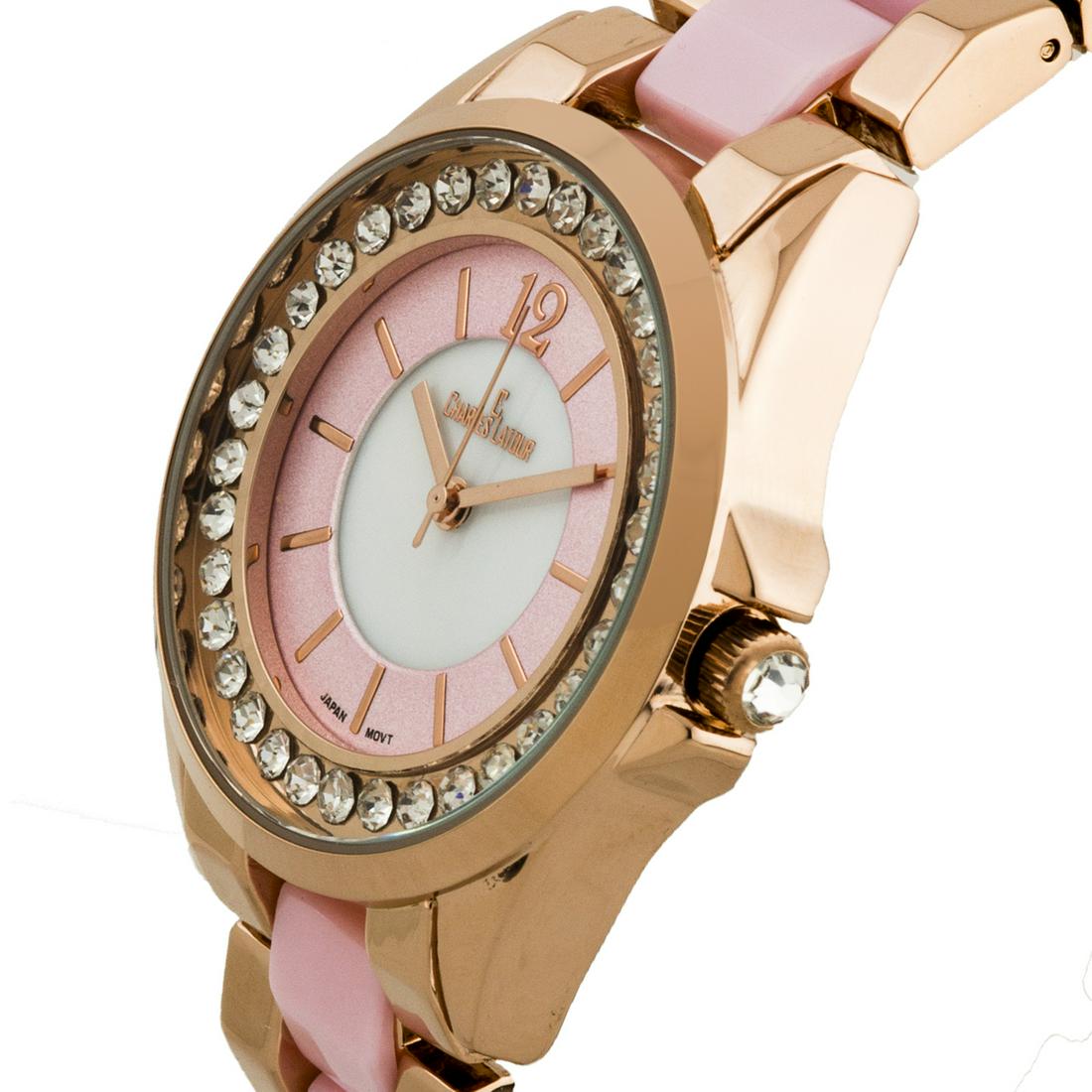 Charles Latour Pearlized Dial Core Ladies Watch: The Charles Latour has a sleek 34mm case with stunning Czech crystals surround the outer chapter ring. A mirror finish arabic numeral at 12, and a pearlized dial core compliment the variaty of colors 