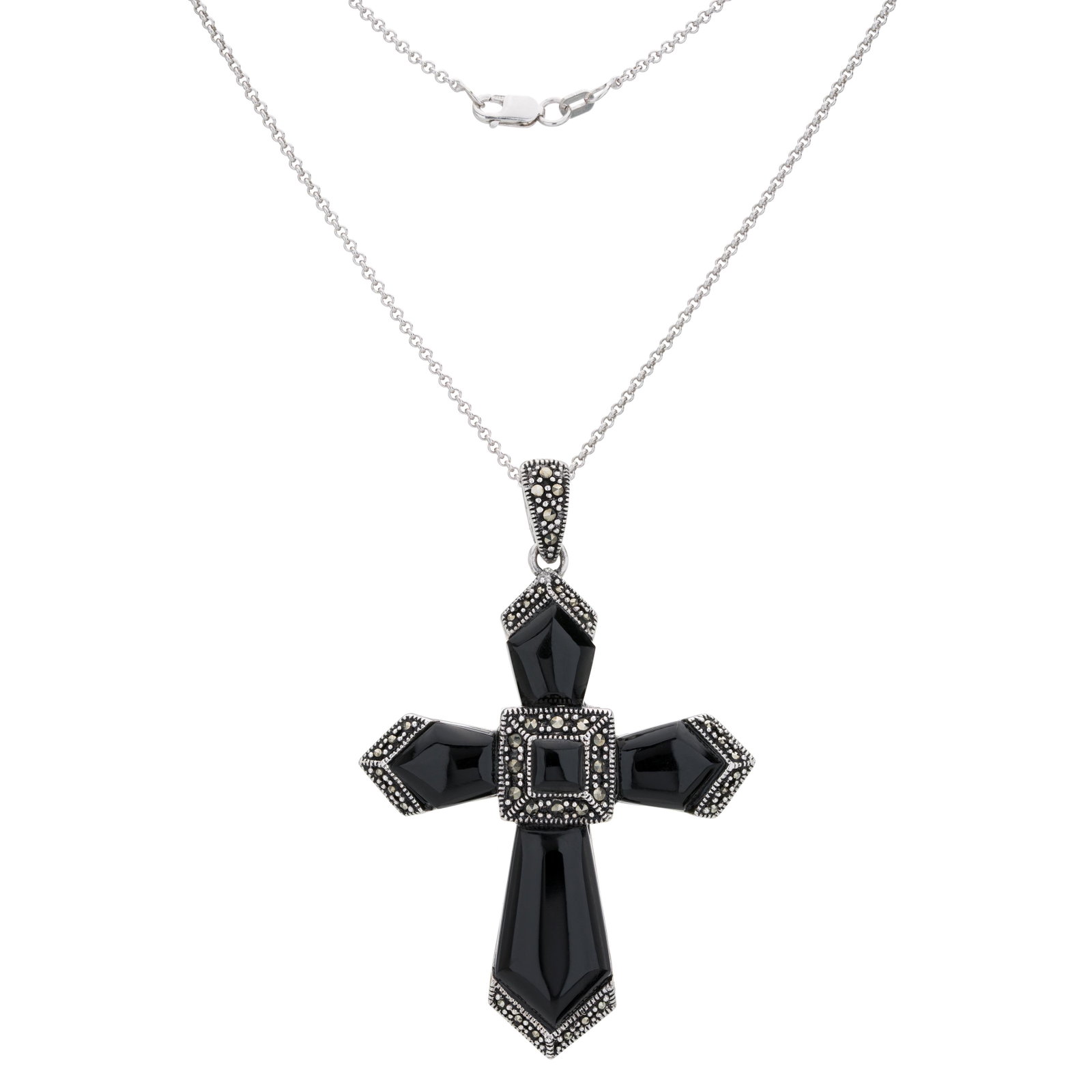 Silver Marcasite and Black Onyx Cross Pendant: Make a lovely affirmation of your faith with this striking Passion Cross from Addison Lane’s Weekend Collection. Beautifully crafted in black onyx with marcasite accents in an oxidized sterling 