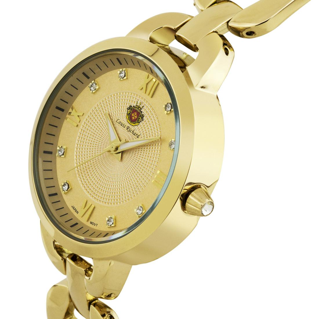 Louis Richard Felina Ladies Watch: With its multi.textured dial design and Czech crystal hour markers, this watch will always be your first choice. The polished link bracelet gives an elegant finish to this wonderful watch! Hands: Lumi