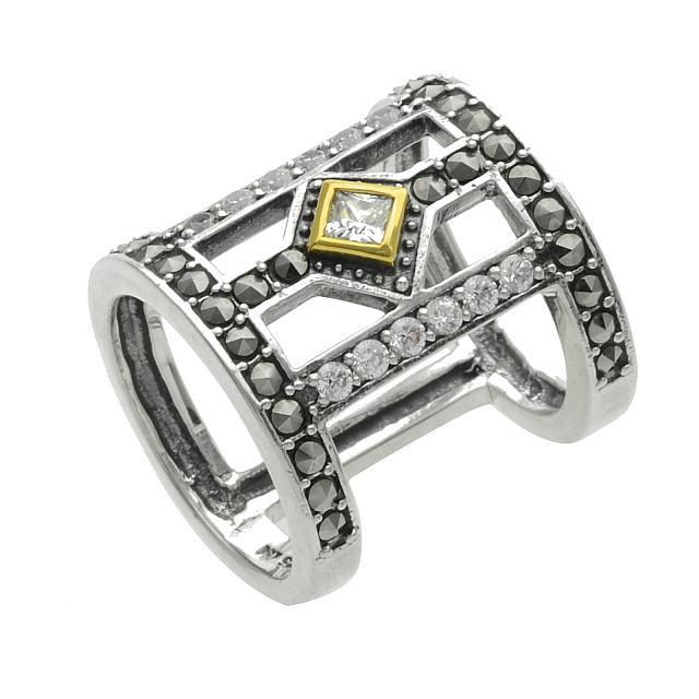 Sterling Silver Marcasite Open Band Ring-SZ 5: Add something new and different to your collection with this interesting design from the Addison Lane Zenith Collection. Crafted in sterling silver accented with 14k gold plating, this lovely ring is