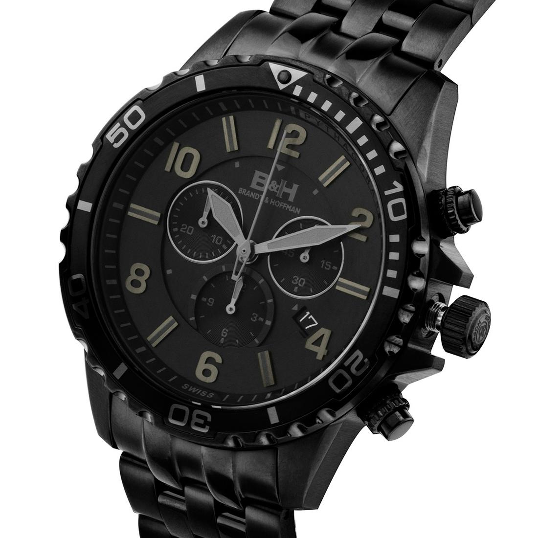 Brandt & Hoffman Pythagoras Chronograph Mens Watch: Multi Colored dial, visible date window, Chronograph, multifuction, luminesent dial and markers. Stainless steel, push-pull, screw down, 10ATM IP metal bracelet, and buckle, 22mm x 200mm Swiss RONDA 5