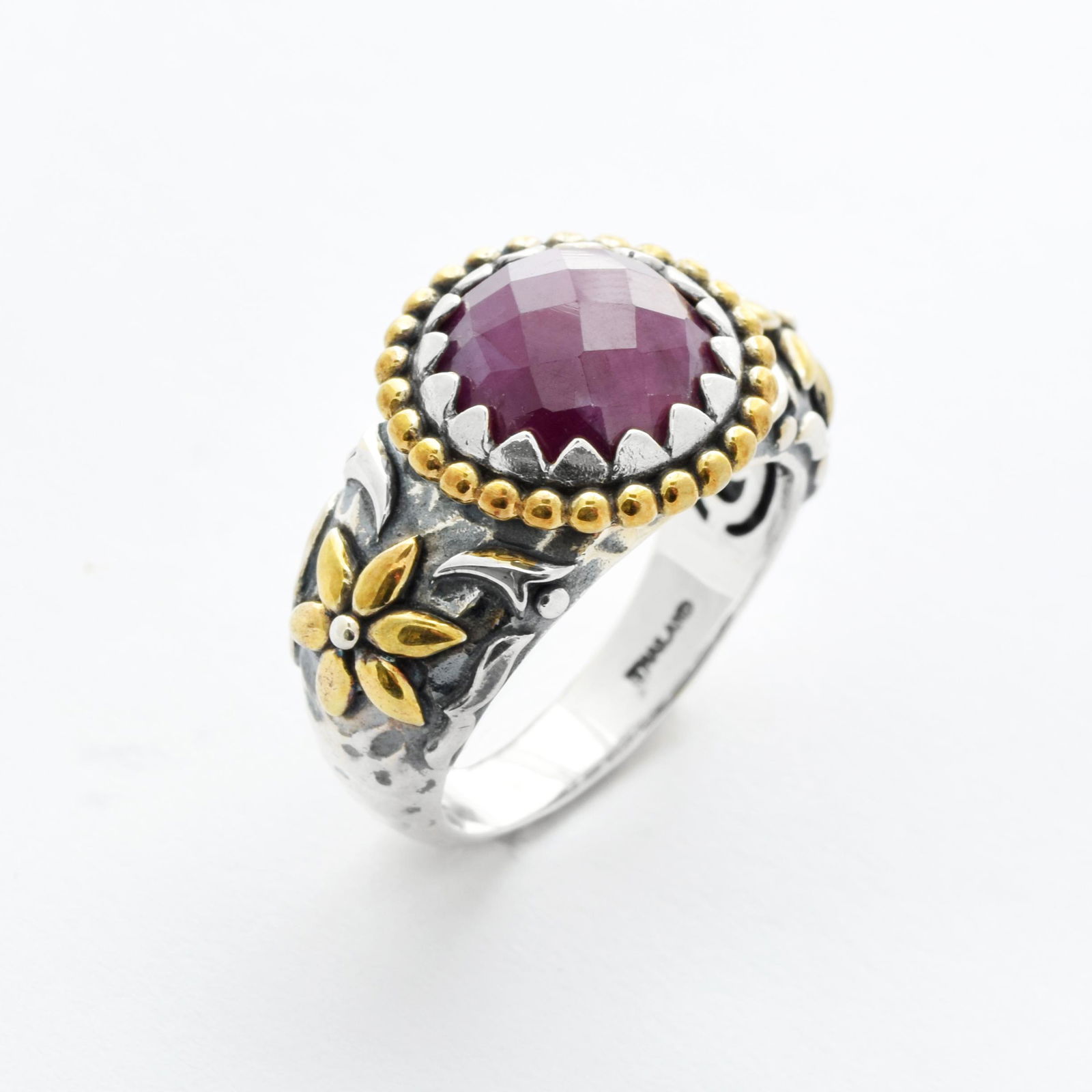Silver Mudurai Ruby Hammered Flower Ring-SZ 6 (1 of 1)
